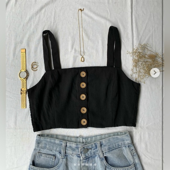 Venroy Button Front Bodice - Black 100% Linen Top Size S $140 - Picture 3 of 5